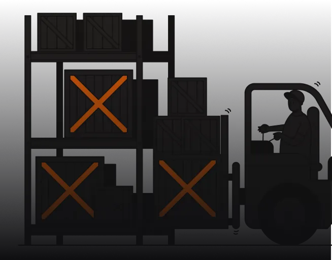 Warehouse shelves with wooden crates marked with orange X's and a forklift operated by a worker wearing a helmet.